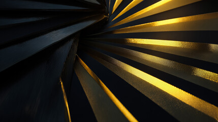 Futuristic geometric panels floating in the dark, golden illumination effects and minimal structure