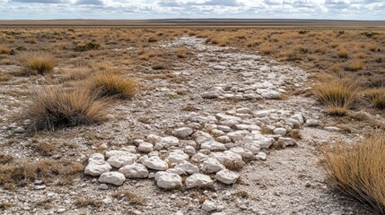 Arid Landscape with Limestone Rocks and Dry Grass Under Cloudy Sky