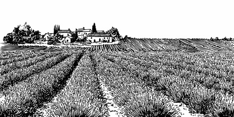Fototapeta premium Panorama of a field with lavender trees and houses on the horizon on a white background. Beautiful graphic background in the style of engraving hand drawn style.