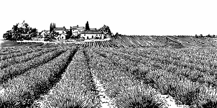 Panorama of a field with lavender trees and houses on the horizon on a white background. Beautiful graphic background in the style of engraving hand drawn style.