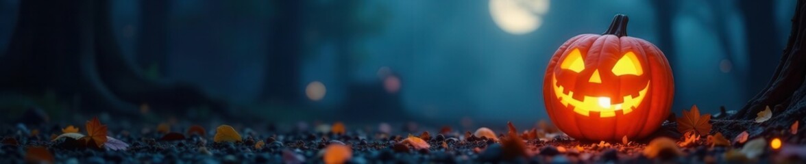 Fototapeta premium Ghostly face, pumpkin lantern, Halloween party backdrop, orange, spooky