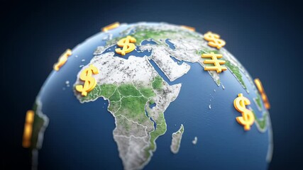Global economic outlook featuring 3D globe with continents, oceans, dollar currency symbols highlighting finance, investment, and market trends - Powered by Adobe
