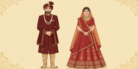 Indian Wedding Couple, Elegant Vector Illustration in Traditional Attire