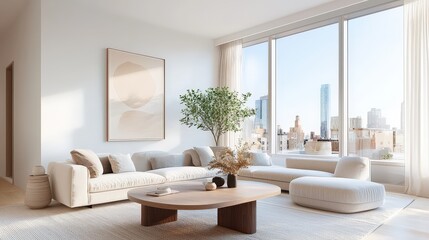 Fototapeta premium Modern apment living space with a cozy neutral color palette, organic textures, warm lighting from large windows, and tasteful decor accents like ceramics and woven textiles