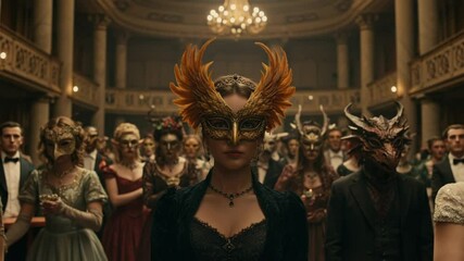 Elegant masquerade ball with masked guests in grand hall