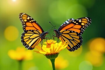 Naklejka premium Monarch butterflies nectaring on vibrant yellow wildflowers, sunny day , orange, wildflowers