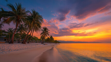 Fototapeta premium Tropical Sunset Paradise: A breathtaking sunset over a pristine beach, with palm trees silhouetted against a vibrant sky, evokes tranquility and serenity.