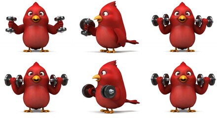 Red bird cartoon character lifting weights