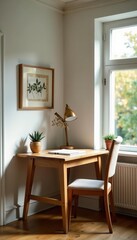 Small wooden work table, hygge aesthetic living room , simple style, table, comfortable