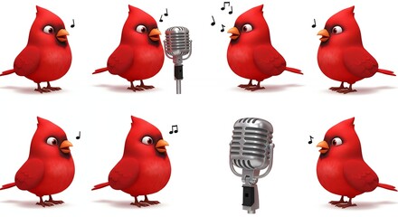 Red birds singing into a microphone
