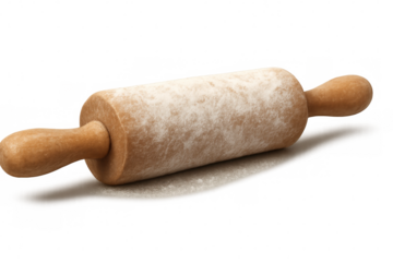 Flour-dusted rolling pin resting on transparent surface, ideal for culinary design works