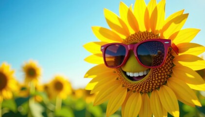Smiling sunflower wearing trendy shades, bright sunny day, sunflower, july