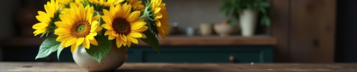 Obraz premium Sunflowers in a rustic vase, ample copy space , still life, petals