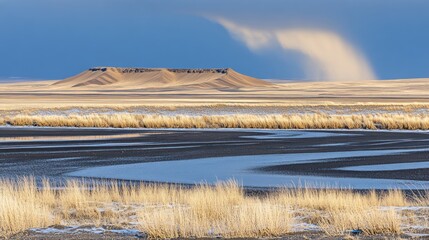 Dramatic Landscape: Mesa, Prairie, and Stormy Sky with Light Beam