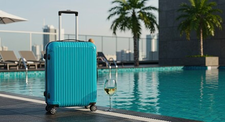 Turquoise suitcase next to a glass of white wine by a swimming pool on a sunny day