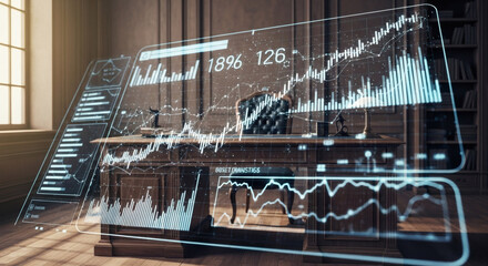 Business Analytics Action, Financial Data Visualization, Modern Office, Digital Graphics, Bright Environment, Perspective View, Data Insights