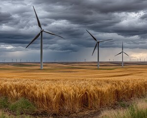 Wind turbines on a golden field