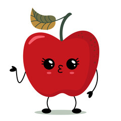 Cute kawaii red apple with big eyes and happy smile