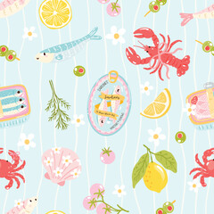 Cute Fisherman Seamless Pattern with Sardines, Lemon, Lobster, and Olives – Mediterranean Summer Design