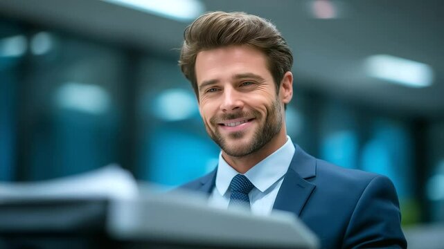 Businessman scanning documents at a copier in a busy office