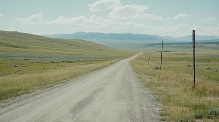 Dusty Road Through Vast Landscape, Mountains, Cloudy Sky, Serene, Scenic, Perspective.