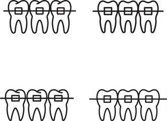 Simple line art icons of teeth with braces for dental health and orthodontics