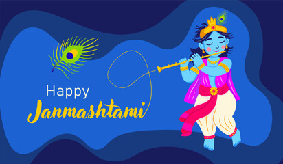 Happy Janmashtami festival banner with Krishna and flute