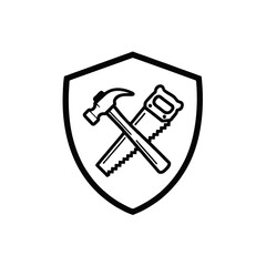 Hammer Saw Logo, Basic Logo Featuring Crossed Hammer and Saw in Shield Shape, Monochrome Black Line Design