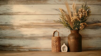 Rustic farmhouse wall decor with warm color accents, natural wood siding, handmade details, and country-inspired aesthetics