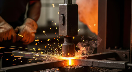 Professional blacksmith uses heavy machinery to forge heated metal, creating sparks in industrial workshop environment, demonstrating skilled craftsmanship and metalworking techniques
