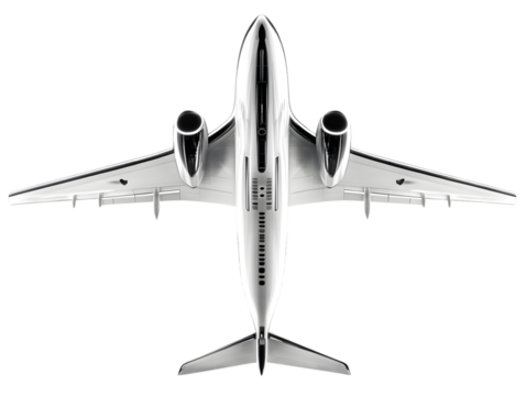 Top view of a sleek modern private jet aircraft isolated on transparent background