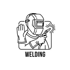 Industrial Welding Badge Logo With Mask, Gloves, and Torch, Minimal Black Outlines