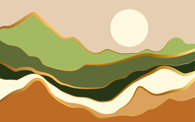 Mountain minimal background vector. Abstract landscape hills with earth tone, gold line art. Nature view illustration design