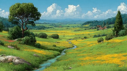 Fototapeta premium Meadow Serenity Flowing Stream with Blossoming Flowers Rolling Hills View.