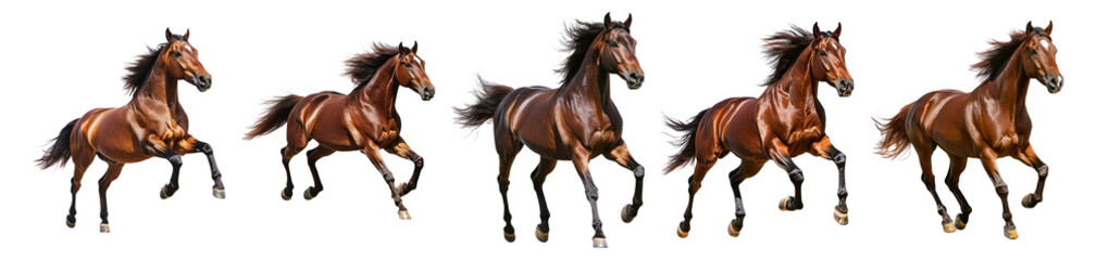 Fototapeta premium Majestic Horses Galloping in Dynamic Motion Across an Open Field, Isolated on Transparent, white background