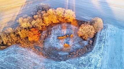 Aerial View of Frosty Trees and Field at Sunrise, Golden Light