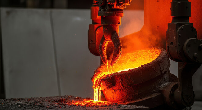 Industrial robotic crane pouring glowing molten metal from crucible in foundry, intense heat and sparks in heavy manufacturing production environment