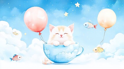 Surreal baby cat curled inside a giant watercolor teacup, with floating fish-shaped balloons and shimmering stars drifting in a dreamy nursery sky