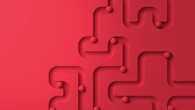 Monochrome red maze relief tunnel spheres 3D animation can be used in UX flow demos, logistics explainers or luxury-tech design backdrops. 