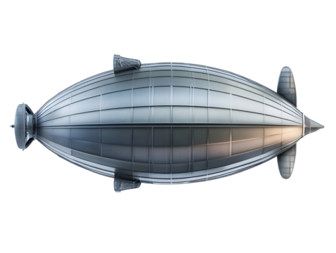Modern metallic airship or zeppelin viewed from above isolated on transparent background