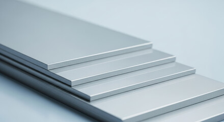 Obraz premium precision stacked aluminum metal sheets arranged in ascending order on light background, showing smooth surface finish and modern material texture for industrial manufacturing