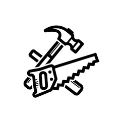 Hammer Saw Logo, Flat Design of a Hammer Resting on a Saw, Symmetrical Composition, Thick Vector Lines