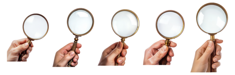 Collection of Magnifying Glasses Held by Hands on a White Background, Isolated on Transparent, white background