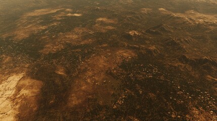 Aerial View of a Rural Landscape with Mountains and Sparse Vegetation