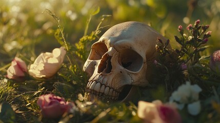Human Skull Resting in Nature