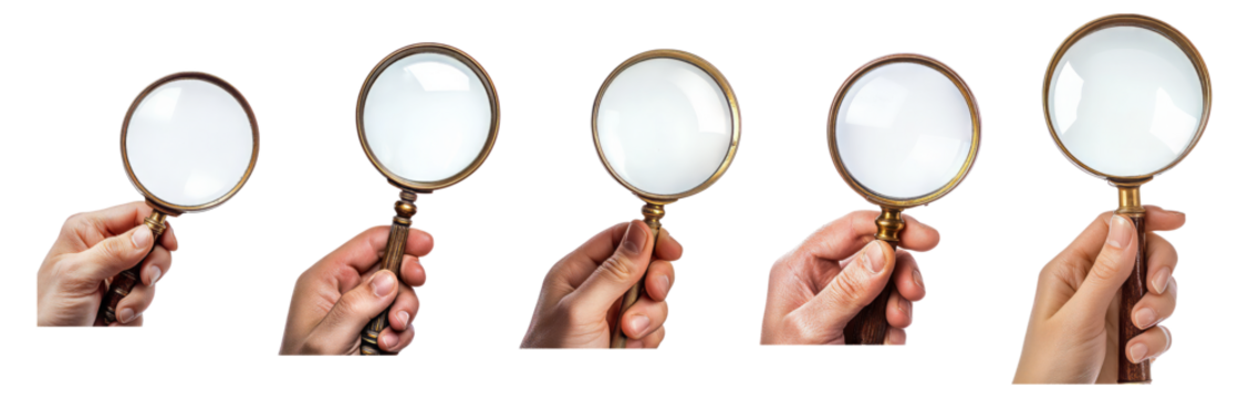 Collection of Magnifying Glasses Held by Hands on a White Background, Isolated on Transparent, white background - Powered by Adobe