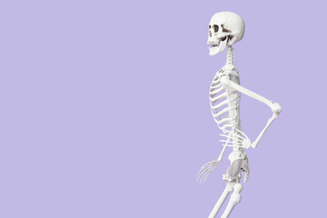 Scary human skeleton walking on lilac background