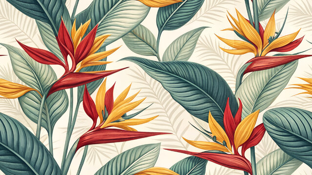 Vector illustration of seamless pattern of bright red and yellow bird of paradise flowers blooming for printing on fabric or wallpaper.