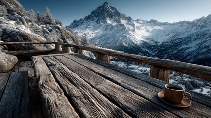 Mountain Majesty Coffee on snowy deck with alpine view.