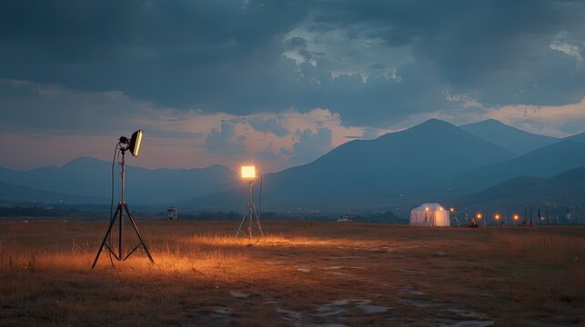 Mountain movie set cinematic lights glowing at twilight with nature backdrop.